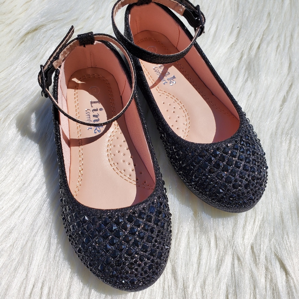 Kids Black Rhinestones Flats